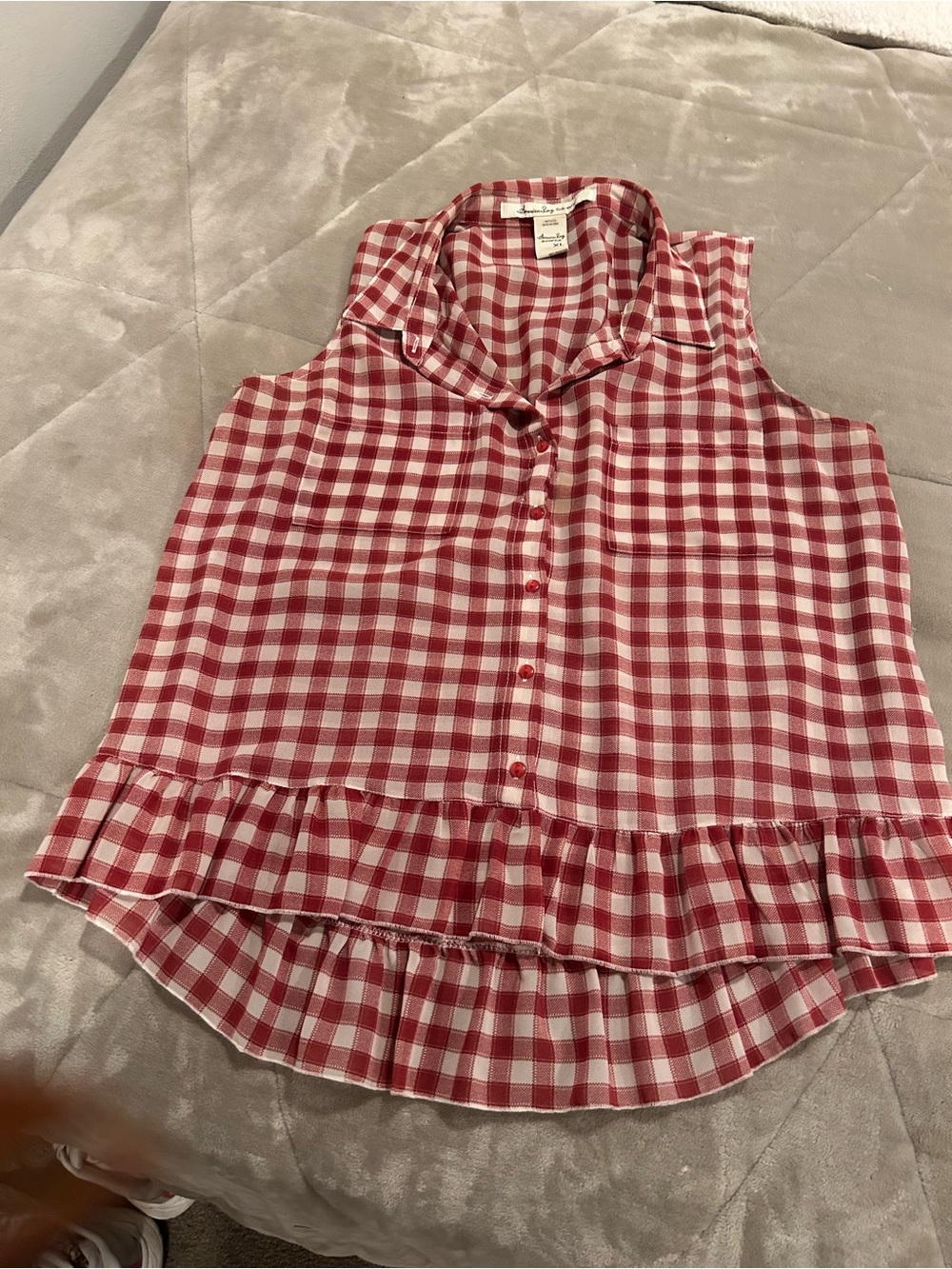 American Rag Red and White Gingham Ruffle Button Tank